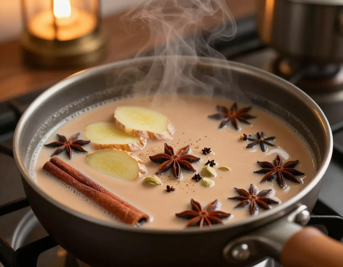 Spiced ginger chai with milk and whole spices in a pan