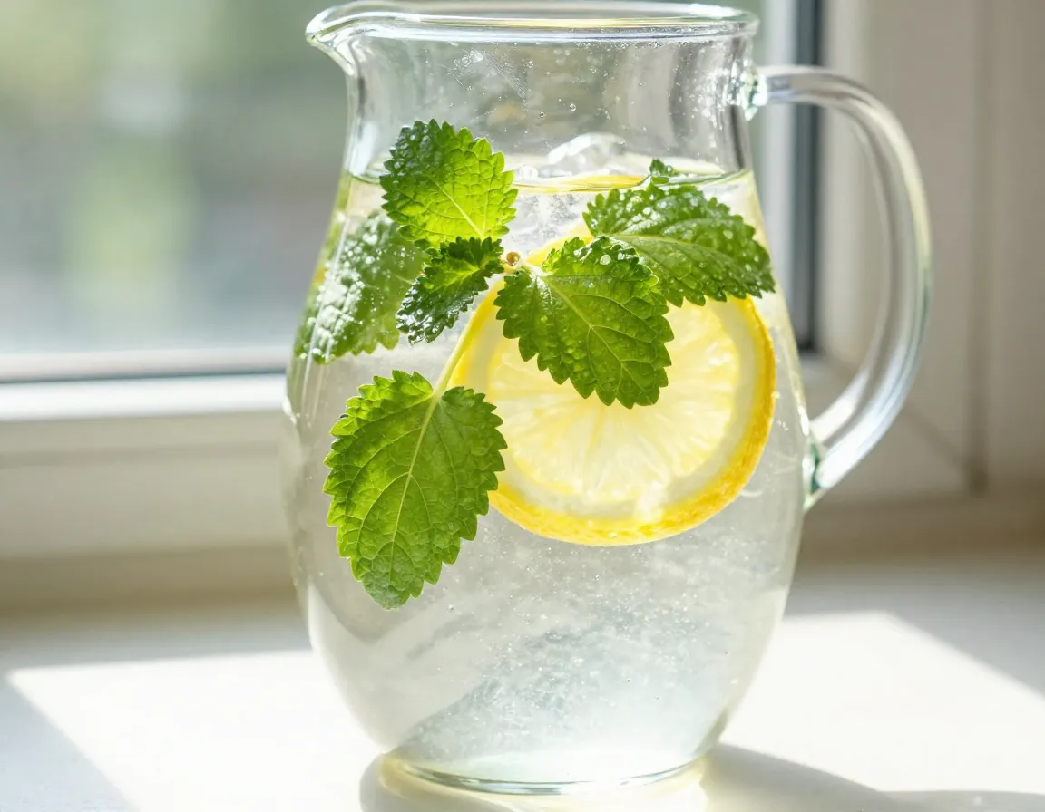 Lemon balm leaves and lemon slice in a sunlit glass pitcher