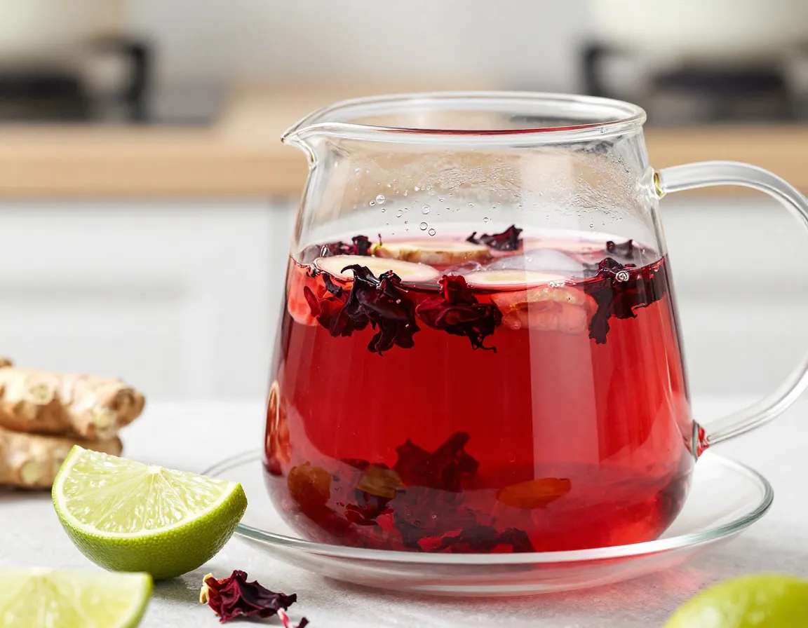 Deep ruby red ginger hibiscus tea in a transparent kettle