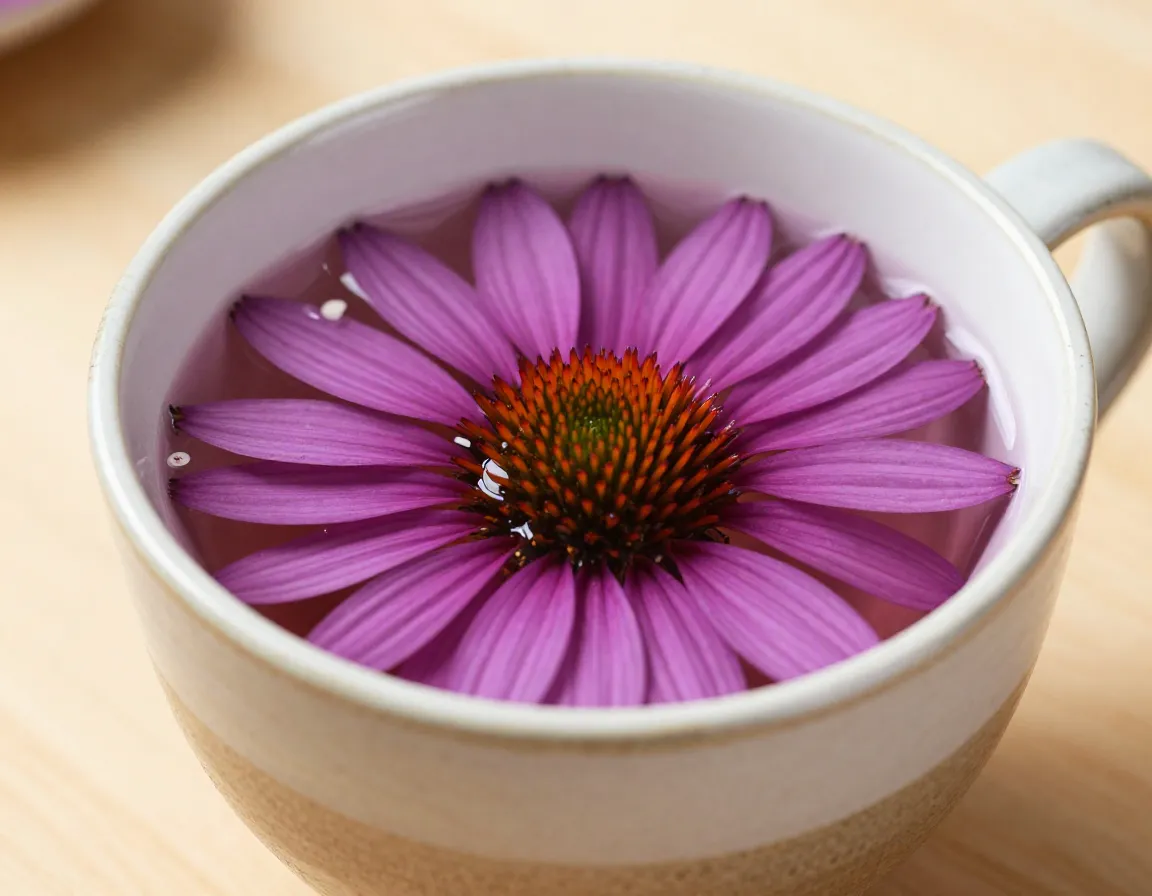 Vibrant purple echinacea flowers steeping in a ceramic mug