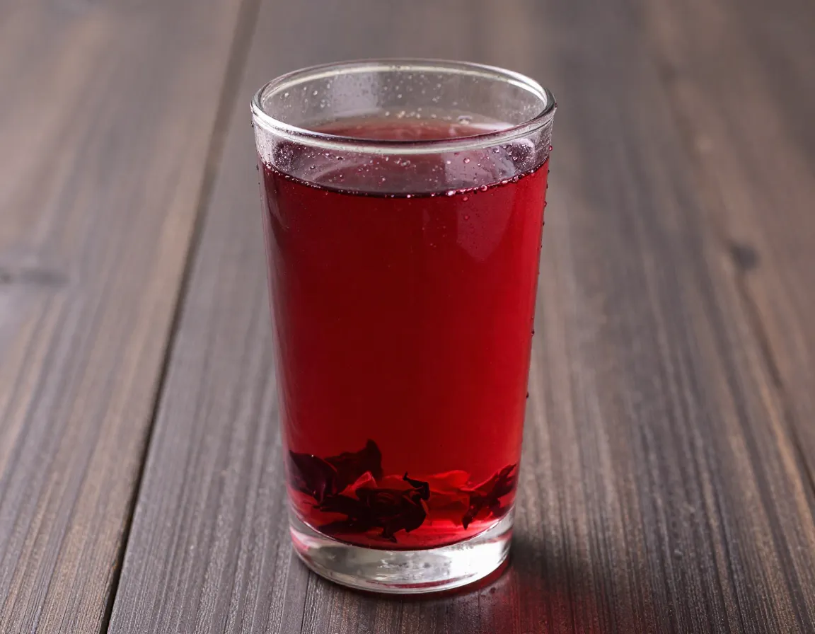 Deep ruby red hibiscus tea in a clear glass on a wooden table