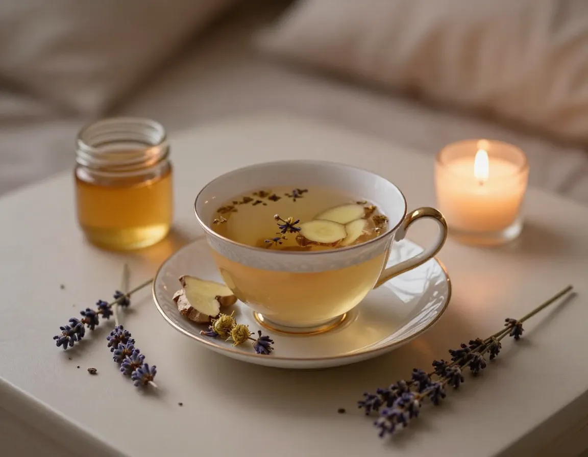 Soothing ginger chamomile evening tea with lavender buds