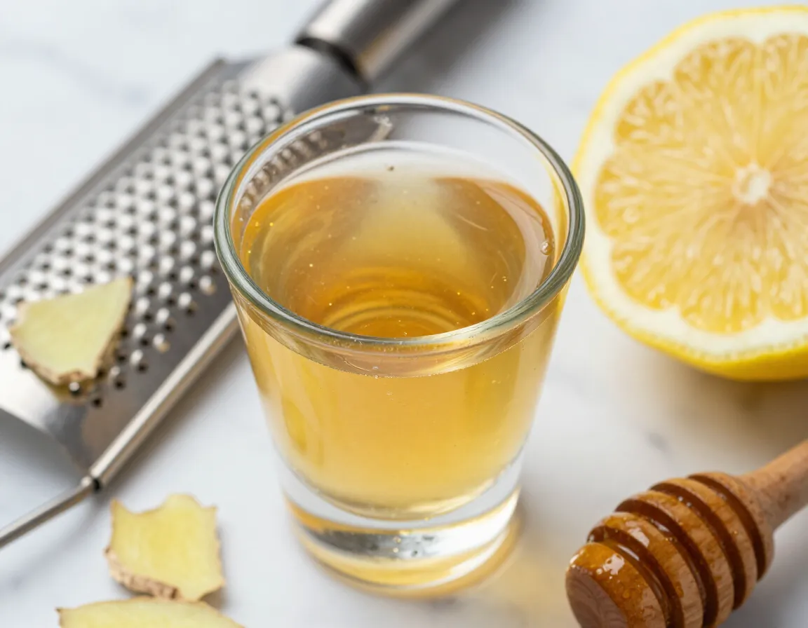 Immunity boosting ginger shot tea with lemon juice and honey