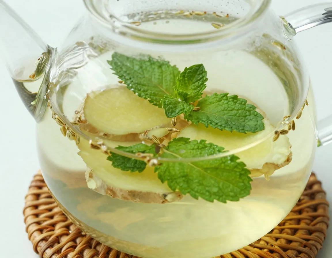 Digestive ginger mint tea with fresh leaves and fennel seeds
