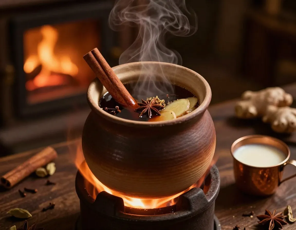 Warming ginger cinnamon chai with cloves and cardamom pods