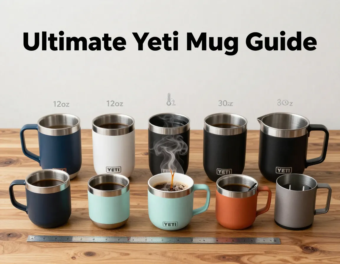 Yeti rambler travel mug collection flat lay comparison guide
