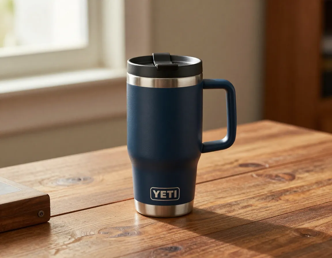 Fourteen ounce yeti mug with handle on a wooden desk