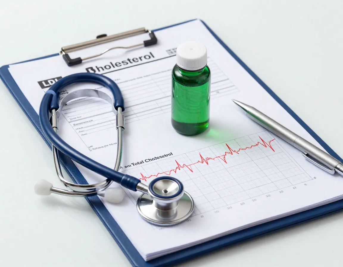 Stethoscope on medical chart with green tea extract bottle and heartbeat graph