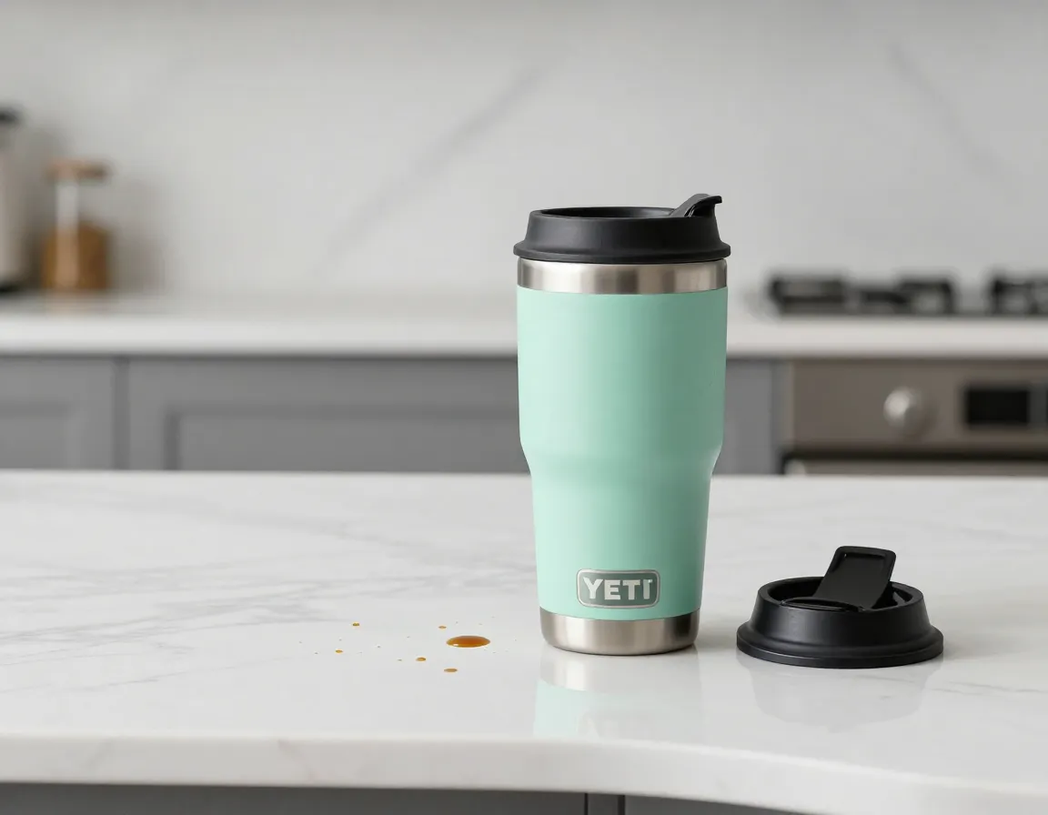 Twenty ounce yeti mug on a modern kitchen countertop