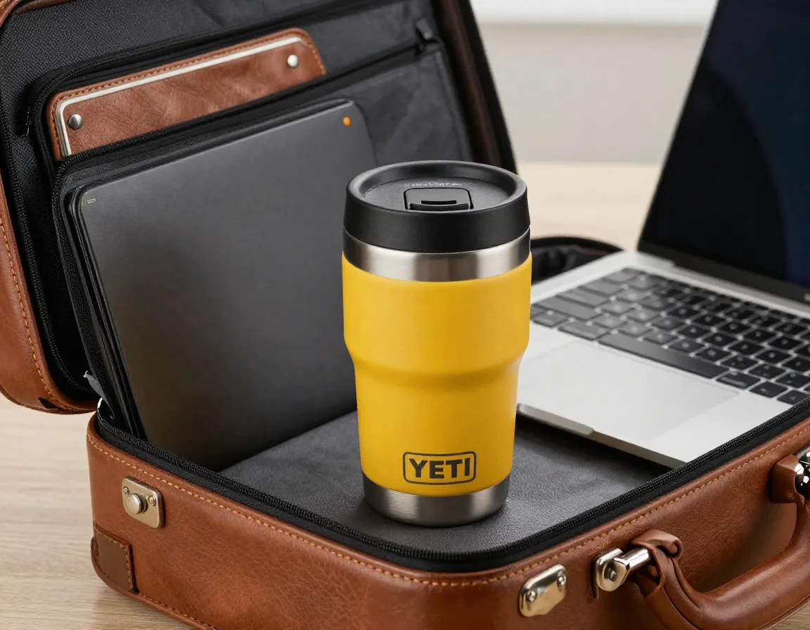 Compact fourteen ounce magslide mug in a briefcase