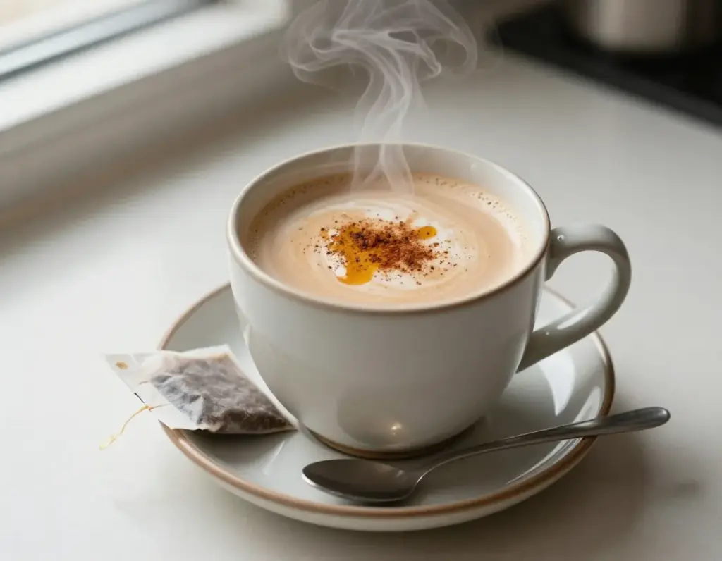 5 minute classic chai latte steaming mug honey cinnamon