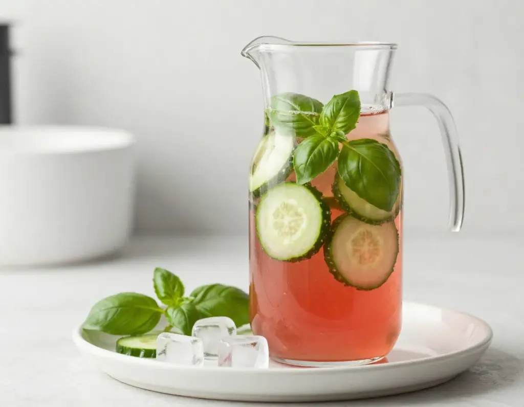 Cucumber raspberry zen infusion with basil leaves