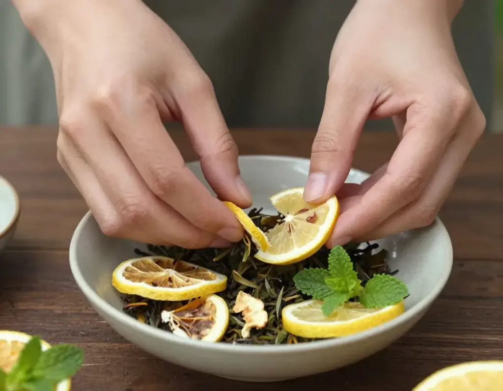 Hands blending summer tea with citrus and mint