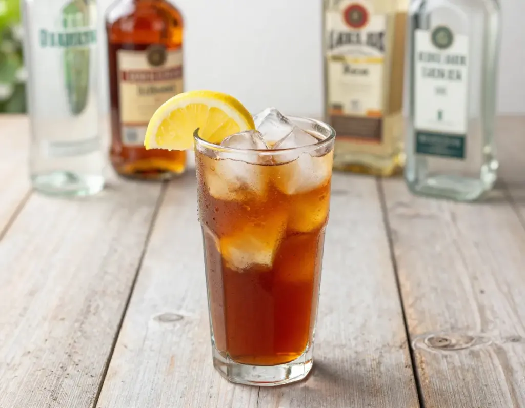 Classic long island iced tea on a rustic wooden table