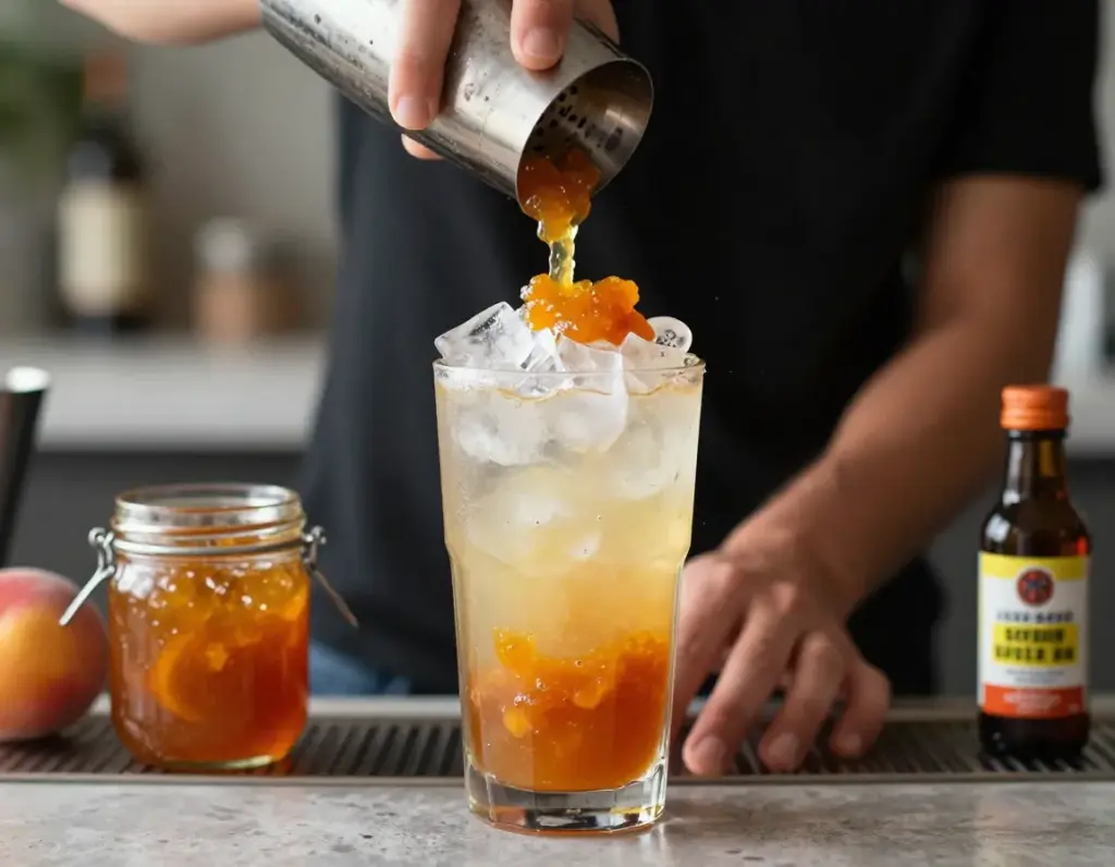 The peachy keen cocktail with muddled peach jam in a shaker