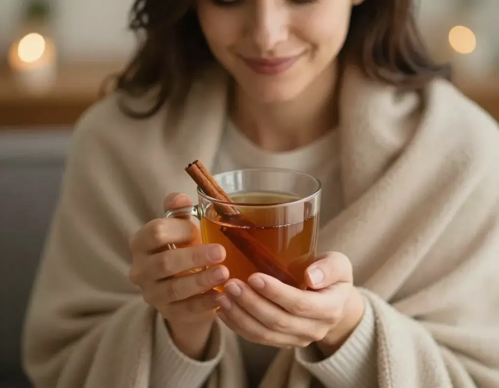 Woman holding warm cinnamon tea for menstrual relief