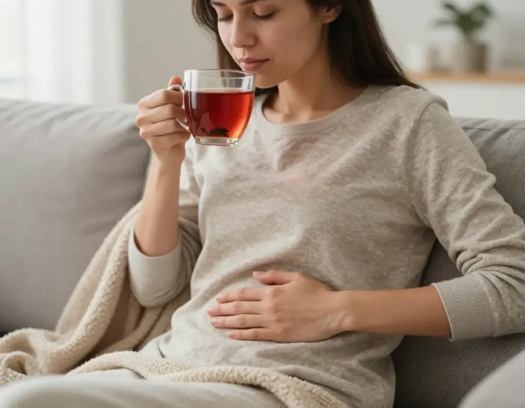 A woman sipping tea while holding her abdomen during menstruation