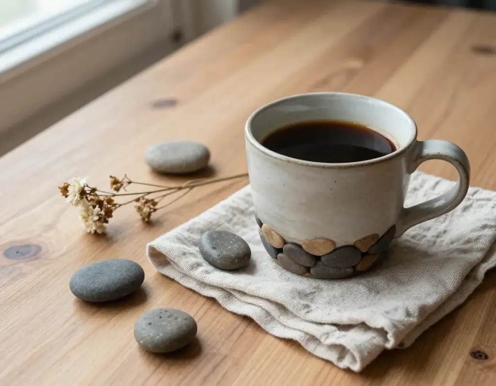 Black coffee in a textured mug with organic pebbles and a linen napkin
