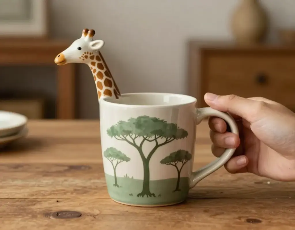 Giraffe neck handle safari mug with sage green painted trees