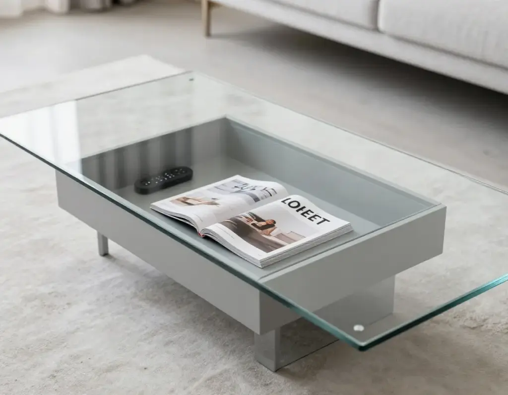 Povison minimalist glass coffee table with hidden compartment in apartment