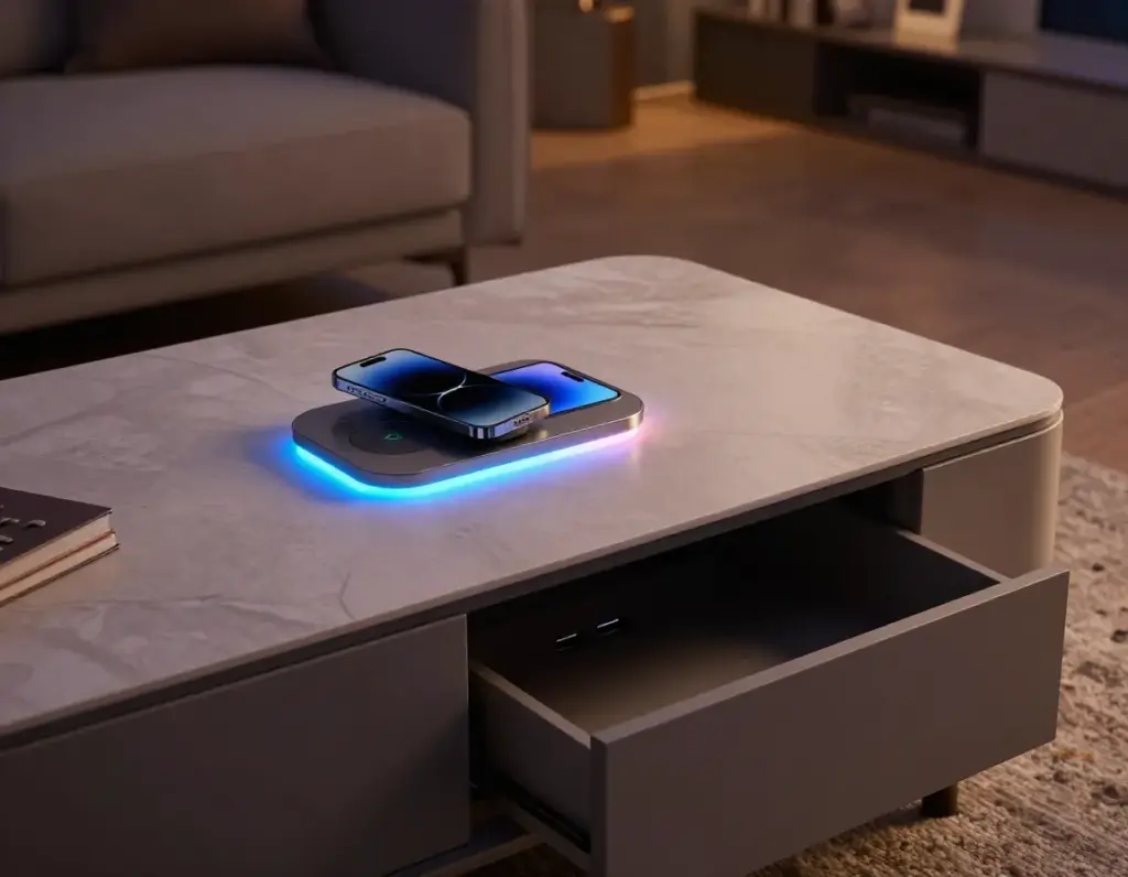 The smart coffee table with integrated wireless charging and led accents
