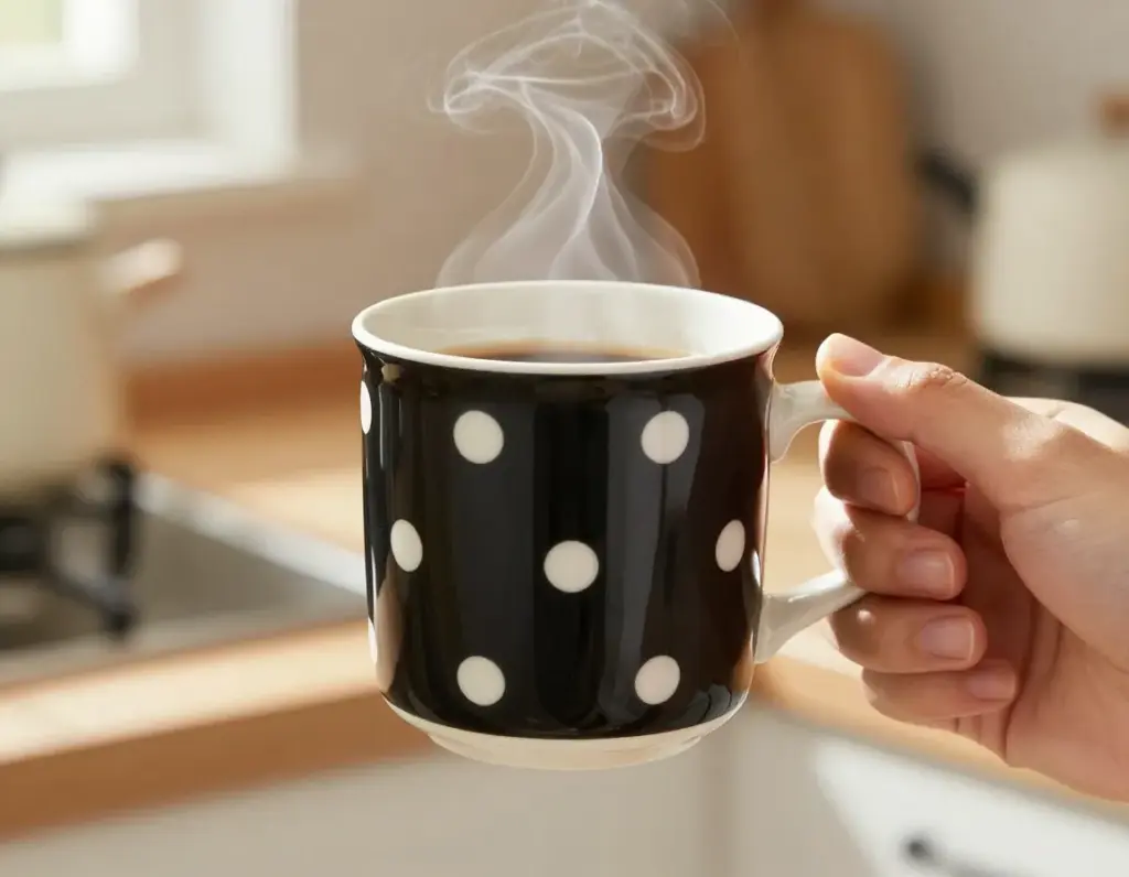 Classic polka dot coffee mug with balanced black and white dots