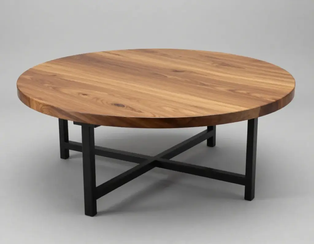 Weathered acacia wood round coffee table with black metal base