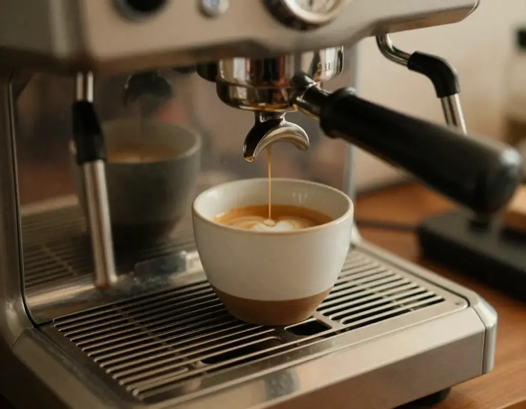 Acme flat white cup for practice on espresso machine tray