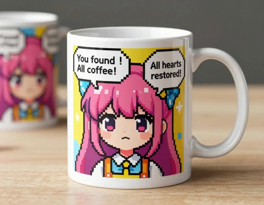 Anime character pixel art mug with coffee restoration message
